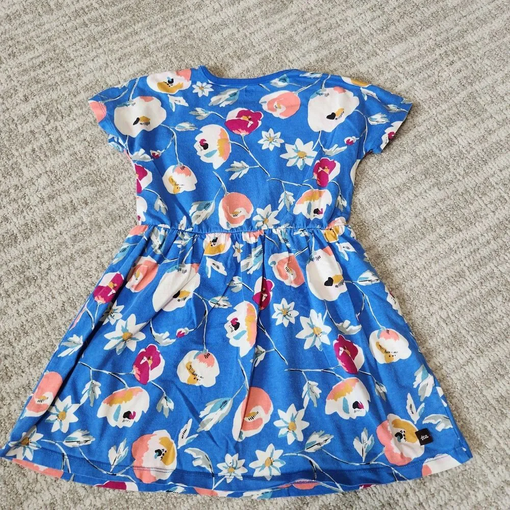 Tea Collection girl's blue floral short sleeve cotton dress size 5